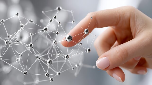 Intricate network of dots touched by a hand, exploring connections in digital world