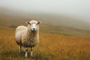 Fototapeta premium Single Sheep Stands In Field With Brown Grass And Foggy Hill Background