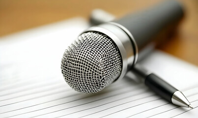 Close-up of a microphone and pen on lined paper, suggesting podcasting, interviewing, or recording.