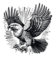 Detailed Engraving of a Majestic Eagle with Dramatic Wings Spread