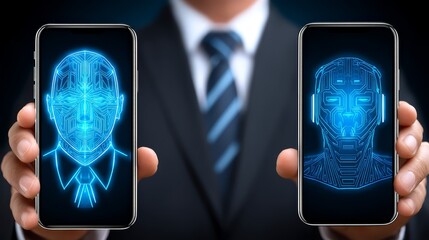 Man connects with futuristic ai, holding dual smartphones showcasing robotic faces