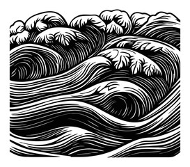 Intricate Black and White Engraving of Stylized Ocean Waves