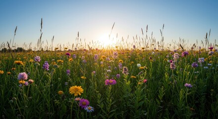 Vibrant Wildflower Meadow at Sunset
