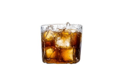 Refreshing ice cubes falling into a glass drink on white background