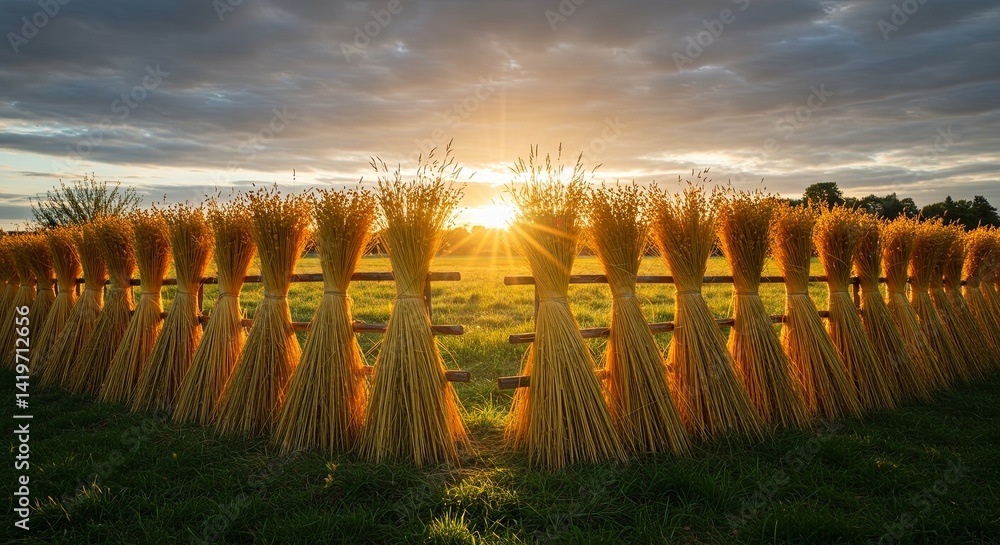 Poster a field of golden wheat is surrounded by a fence