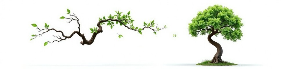 Twisted tree branch isolated on white background, green, solitary tree, single