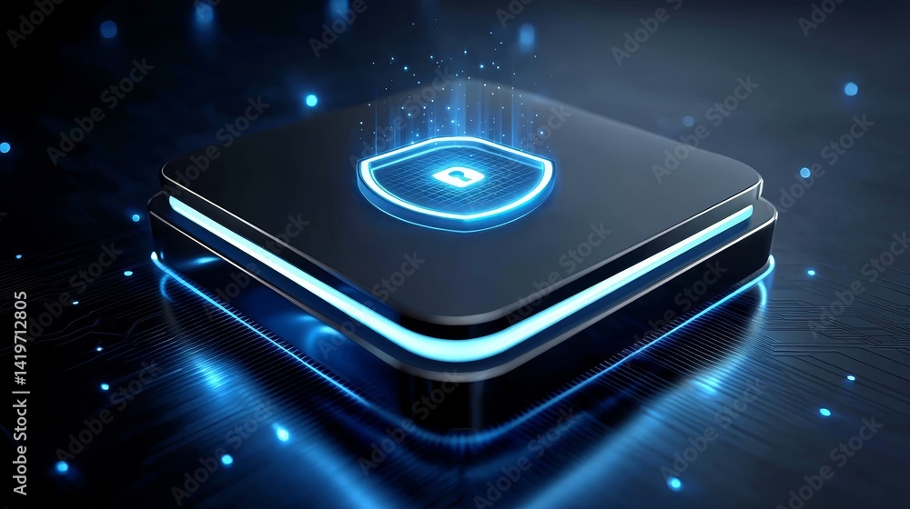 Poster illuminated computing, a modern computer in dark setting with glowing blue accents