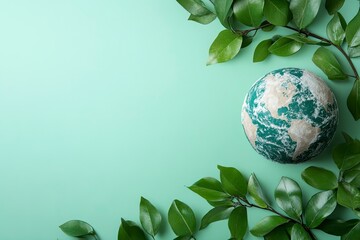 Globe and Green Leaves on Mint Background