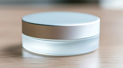 A small jar with a silver lid is on a wooden surface