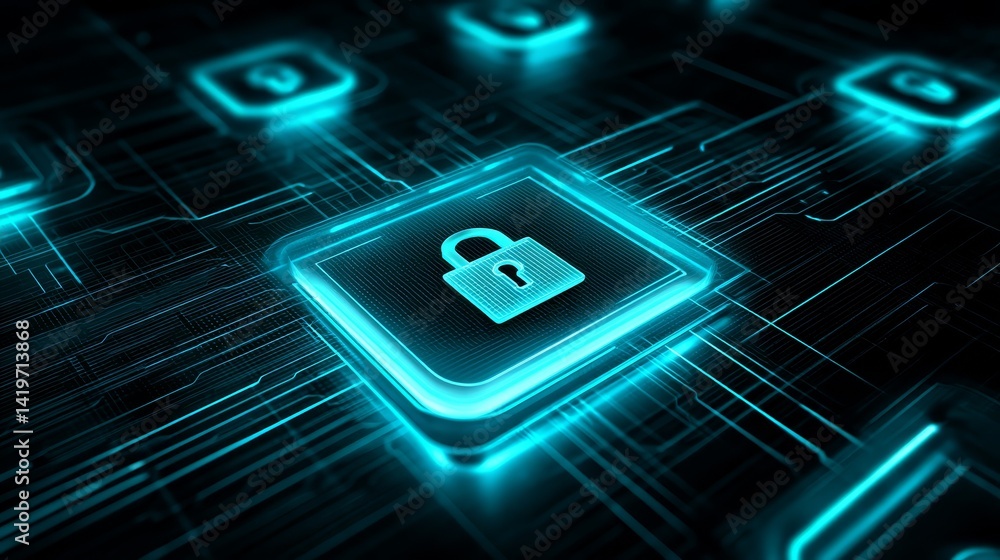 Poster illuminated circuit with lock, symbolizing data security in the digital age blue