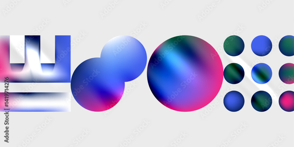 Poster abstract shapes, vibrant colors blend. geometric forms, spheres, gradients create modern visual comp