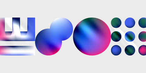 Abstract shapes, vibrant colors blend. Geometric forms, spheres, gradients create modern visual composition. Light, shadow interplay.
