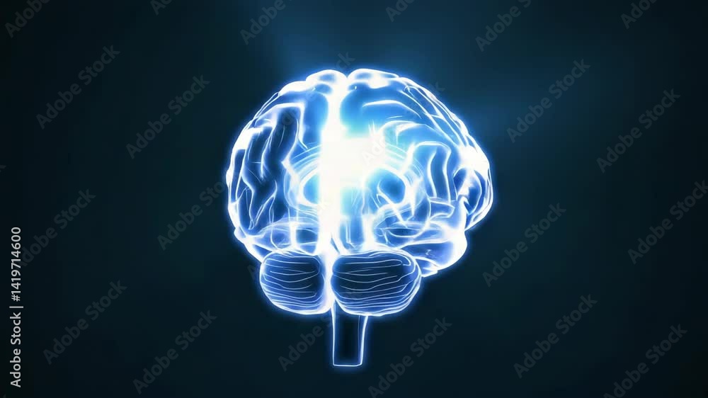 Poster digital visualization of human brain activity with glowing impulses, representing consciousness and 
