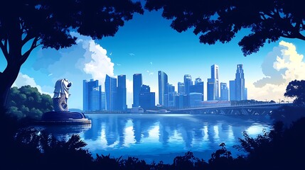Daytime flat art of Singapore skyline with Marina Bay Sands and the Merlion, clear blue sky, bright vector tones, silhouette-style illustration with subtle shadowing, hd quality, natural look.