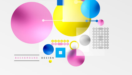 Abstract geometric shapes, vibrant colors, modern design elements. Composition features circles, squares, lines, gradients. Minimalist aesthetic.