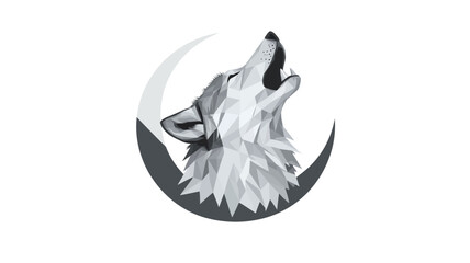 Obraz premium Grayscale vector illustration of a wolf's head in profile, rendered in a geometric polygonal style. The wolf is howling with its mouth open and looking upwards towards a stylized