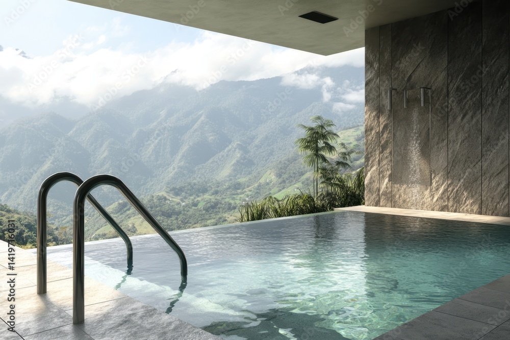 Poster luxury pool with mountain views in a modern architectural setting during daylight