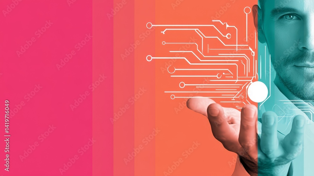 Poster man connecting with the future, exploring the intricacies of modern circuit technology