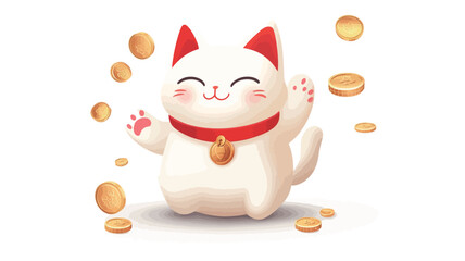 A digital illustration of a stylized maneki neko (Japanese lucky cat). The cat is adorable, with a chubby white body, a red collar, a golden bell around its neck, and a cheerful smile on its face.