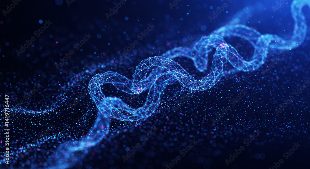 Poster abstract blue dna strand with connected dots and lines on a dark blue background with particles
