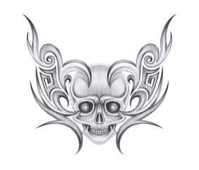 Skull tattoo with graphic art design by hand drawing on paper.