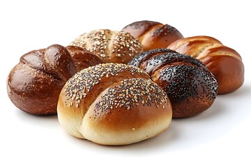 Assortment of artisan bread rolls with sesame and poppy seeds on white