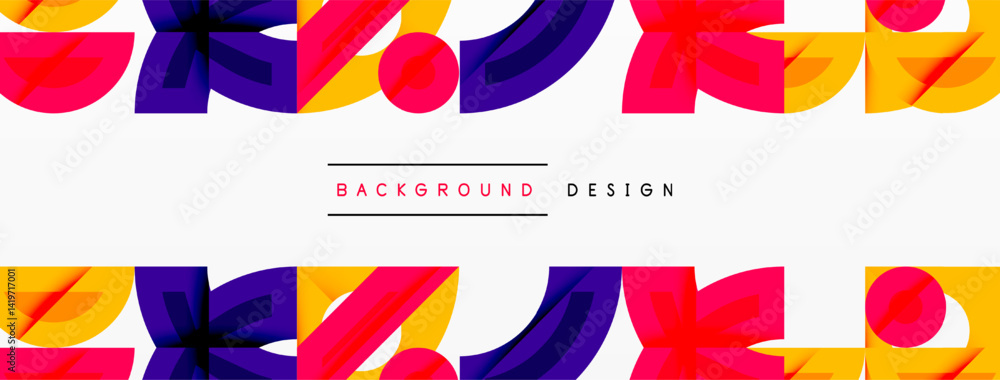 Poster Abstract geometric shapes, vibrant colors, modern design. Repeating patterns create dynamic visual texture. Minimalist style.
