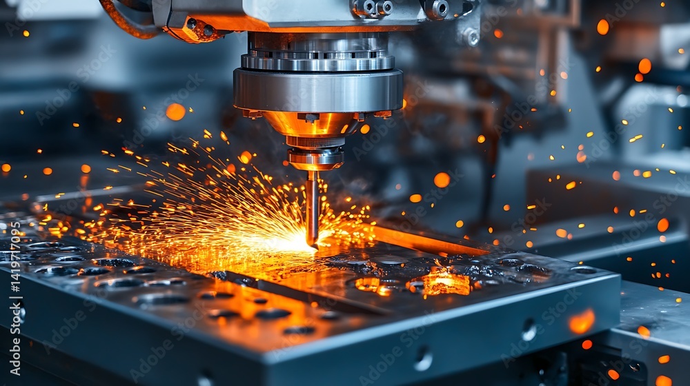 Aufkleber precision machining process with sparks flying from a cnc machine in a modern industrial workshop