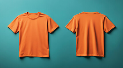 Front and back view of an orange t-shirt laid flat on a surface, a flat lay concept used as a mockup design template