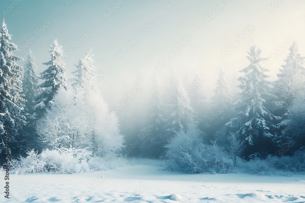 Poster snow covered forest scene with dense trees and a misty atmospheric backdrop