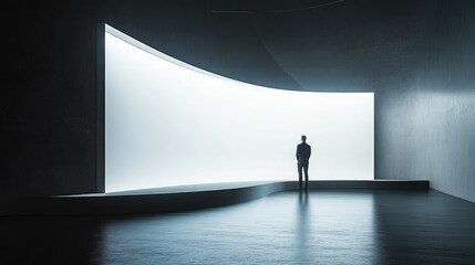 A modern stage for presentations, with a businessman in front of a curved blank digital screen in a dark exhibition space.