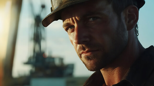 A male offshore worker inspecting the structural integrity of the oil rig platform. Featuring mechanical expertise and focus