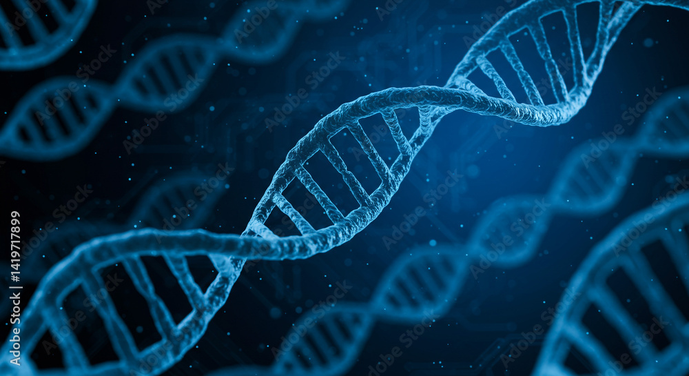 Aufkleber a close up view of multiple dna strands in a dark blue background with glowing particles around them