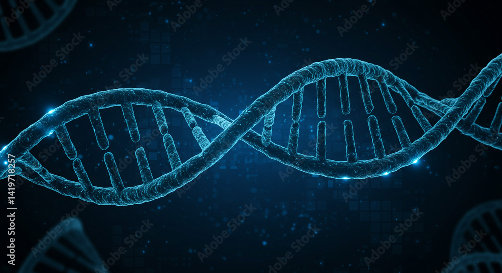 Poster a close up view of a dna strand with a blue hue and a dark background with some light particles