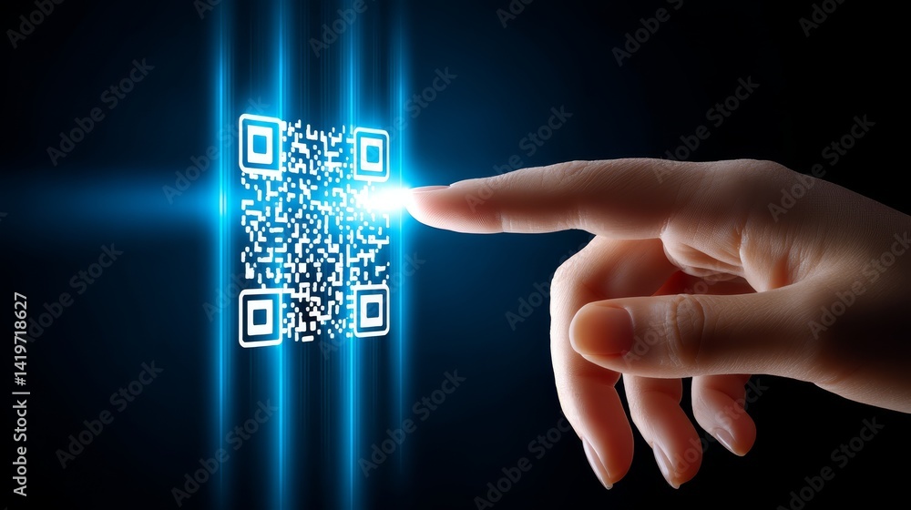 Poster hand scanning qr code on dark background, accessing digital information with a touch