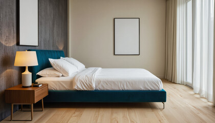 Modern interior design architecture photography: A modern bedroom features a plush teal bed, a warm lamp, and sheer white curtains framing a window, creating a serene and inviting atmosphere.