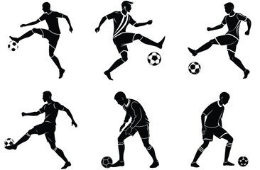 Vector silhouettes illustrate soccer and football players in action, a dynamic sport set