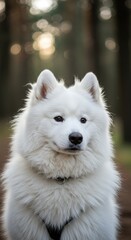 White Fluffy Samoyed Dog Portrait in Forest Setting