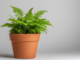 Fototapeta premium Vibrant Green Fern Plant in Terracotta Pot on Soft Grey Background
