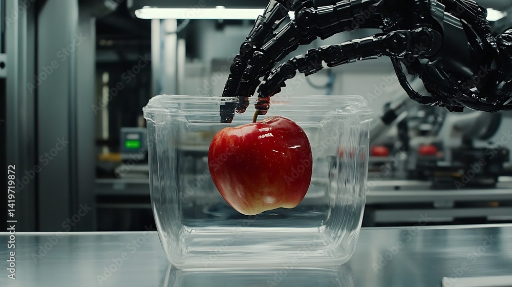 Poster robotic hand delicately picking a shiny red apple from a clear container in a modern factory setting