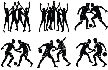Vector silhouettes of people, including men and women in sport, dance, running, and soccer action, are presented in black outline illustration