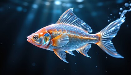 Fototapeta premium A translucent fish swimming gracefully through deep water, surrounded by flowing light.