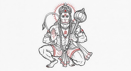 Fototapeta premium Intricate Line Art Illustration of Hindu Deity Hanuman with Red Accents