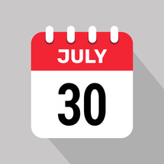 calendar 30 july icon vector date month illustration background.