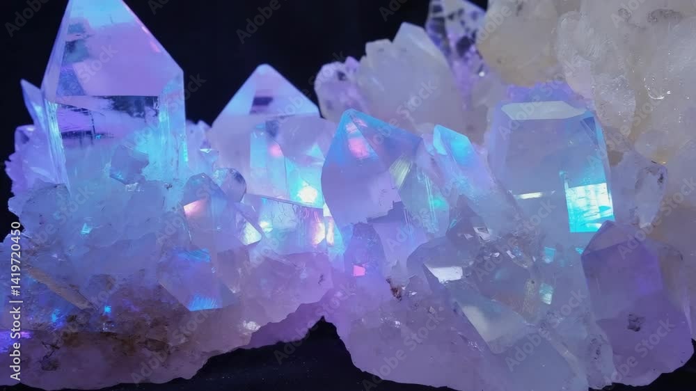 Poster clusters of iridescent quartz crystals shimmering with spectral color reflections on a dark backgrou