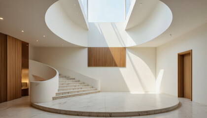Modern interior design architecture photography: Sunlight streams through a circular skylight, illuminating a striking, modern interior featuring a curved staircase, a circular platform, and minimal