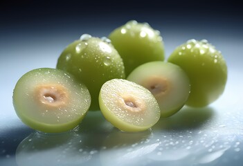 Obraz premium Delightful green grapes are arranged with glistening droplets on their surface, showcasing both whole and sliced pieces. The backdrop highlights their freshness and texture.