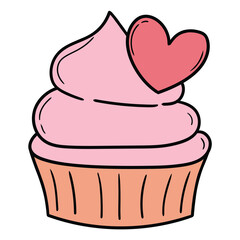 Hand drawn cartoon cupcake with heart on white background.