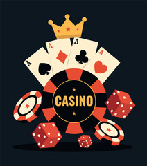 Obraz premium Casino and poker. Flat design vector logo with casino text and chips, dice, cards, suits. Vintage logo for casino design projects, roulette on dark black background