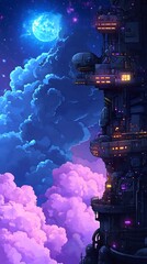 Pixel art city tower at night with a full moon